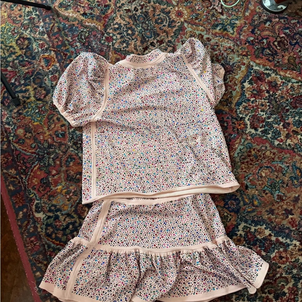 Queen Of Sparkles Set Pink Rhinestone Puff Sleeve Shirt And Skirt Women’s XL - Picture 3 of 8